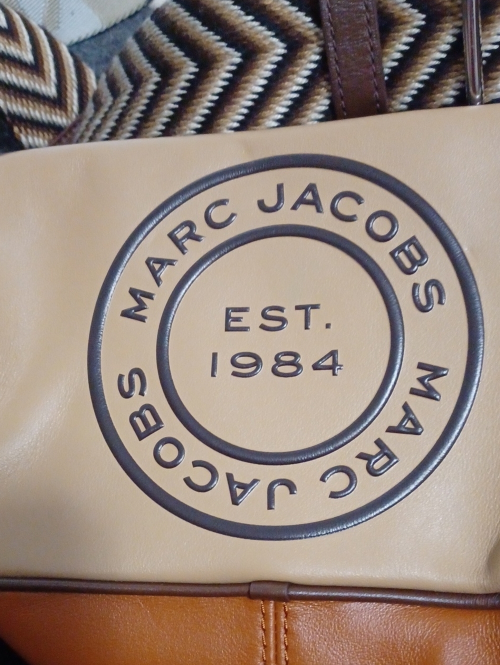 Marc Jacobs Two-Tone Cream and Brown Leather Messenger Bag with Patterned Strap